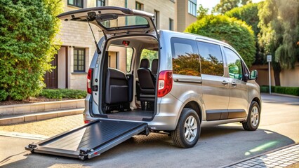 Wheelchair accessible vehicle with automatic ramp and spacious interior, parked on a sunny sidewalk, ready for transportation, promoting independence and mobility.
