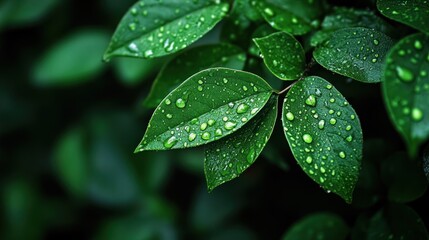 Close-up of Dew Drops on Green Leaves