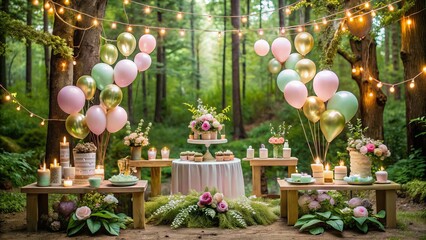 Whimsical fairy-themed party setup with pastel balloons, flower crowns, and a decadent dessert table amidst a lush green forest with twinkling string lights.