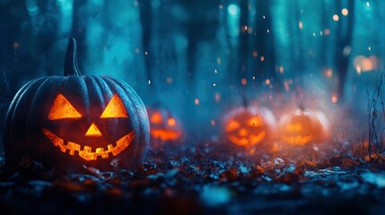 Fototapeta premium Halloween pumpkins in the forest at night.Halloween background with Evil Pumpkin. Spooky scary dark Night forrest. Holiday event halloween banner background concept with generative ai
