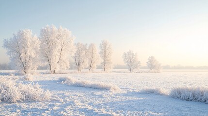 Fototapeta premium Serene Winter Pano: Snowy Landscape with Frosted Trees and Clear Sky Copy Space