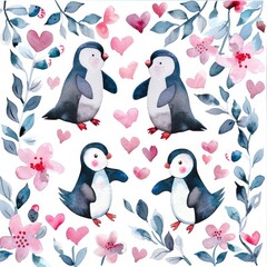 Naklejka premium Charming Penguin Romance. Watercolor Illustration with Pink Flowers for Valentine's Day