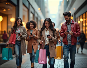 four people walking down a street with shopping bags and looking at their phones