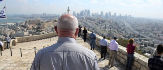  A group stands atop a building, beside a flag and a stone walkway