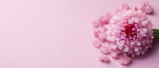 Fototapeta premium A pink flower, in tight focus, atop a pink background A single green leaf extends from its end