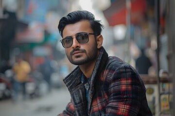 Fototapeta premium Man Wearing Sunglasses in an Urban Street Setting 