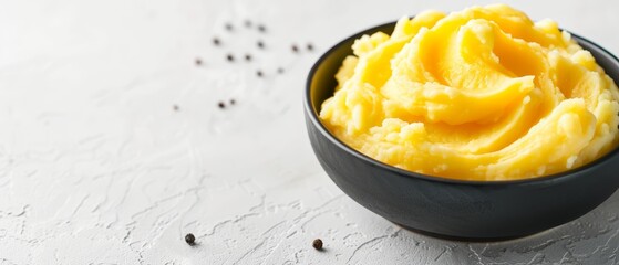  A black bowl overflows with mashed potatoes atop a pristine white table Coffee beans gracefully line one side of the bowl
