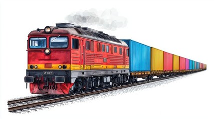 Fototapeta premium Freight trains in motion, transport logistics, photorealistic illustration, powerful and dynamic, isolated on white background