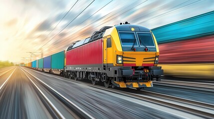 Naklejka premium Freight trains in motion, transport logistics, photorealistic illustration, powerful and dynamic