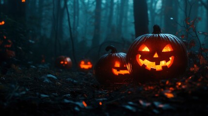 Fototapeta premium Halloween pumpkins in the forest at night.Halloween background with Evil Pumpkin. Spooky scary dark Night forrest. Holiday event halloween banner background concept with generative ai