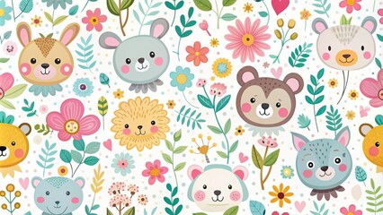 Naklejka premium Whimsical seamless vector pattern featuring adorable cartoon animals, colorful flowers, and playful icons in bright pastel hues on a soft white background.
