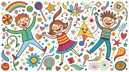 Whimsical vector illustration of stick figures engaged in playful doodles, surrounded by colorful shapes and patterns, conveying creativity and imagination in a fun, carefree atmosphere.