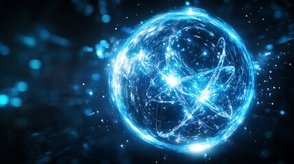Obraz premium Abstract Blue Sphere with Glowing Lines and Bokeh.