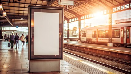 A mockup of a blank billboard at a train station during daylight, ideal for advertising designs, with a train and passengers in the background under a warm morning sun.