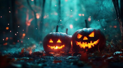 Fototapeta premium Halloween pumpkins in the forest at night.Halloween background with Evil Pumpkin. Spooky scary dark Night forrest. Holiday event halloween banner background concept with generative ai
