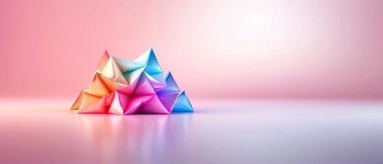 A multicolored origami pyramid sits against a pink backdrop, surrounded by a lighter pink floor reflection