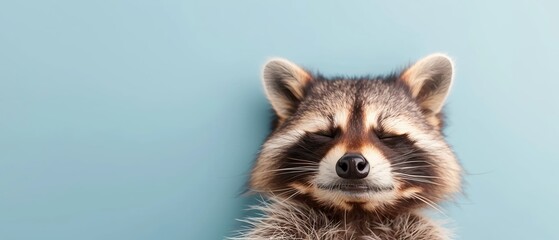 Fototapeta premium A tight shot of a raccoon's closed eyes against a blue backdrop