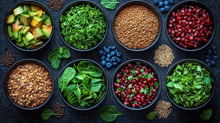  Bowls of various fruits and vegetables on black background