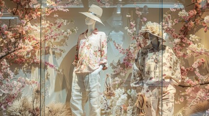 Mannequins showcase stylish floral attire against a backdrop of blooming decor in a bright spring window display