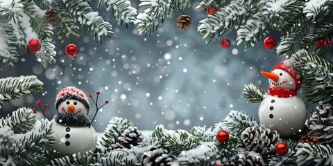 Christmas decoration with snowman. Snowman and pine cone on snow during christmas time. Christmas holiday background with copy space for text. 
