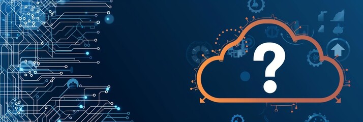 Question Mark On A Cloud Computing Symbol Over Blue Background With Circuit Design Illustration.