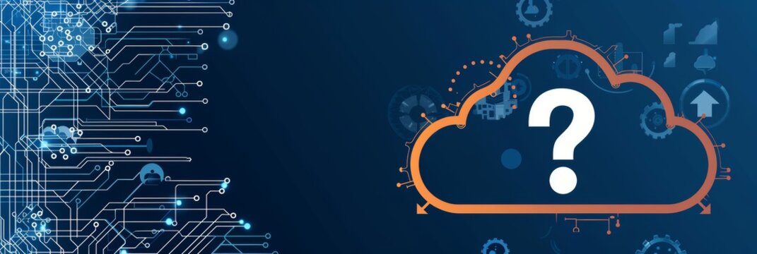 Question Mark On A Cloud Computing Symbol Over Blue Background With Circuit Design Illustration.