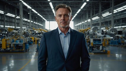 Business Executive in a Modern Airplane Manufacturing Facility with Advanced Machinery and Industrial Background. AI generated