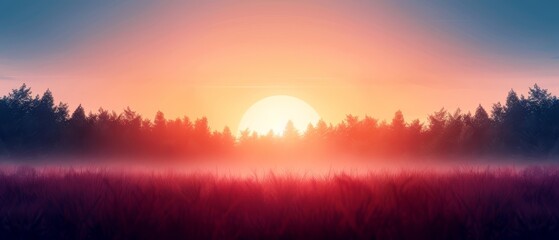 Obraz premium sun over tall-grass field, trees in foreground, foggy sky behind