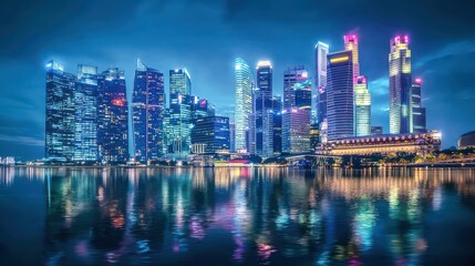 Fototapeta premium Stunning nighttime cityscape with illuminated skyscrapers against a dark sky, reflecting in nearby water, capturing the vibrant energy and beauty of the urban environment.