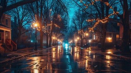 Lights and shadows of city. Soft focus image of city streets after rain with reflections on wet asphalt