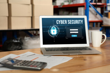 Cyber security system on computer screen protect private information snugly from hacker and cyber attack