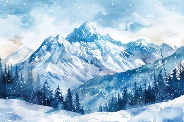 Obraz premium Hand Drawn Watercolor of Snowy Mountain for Winter Vacation Adventure