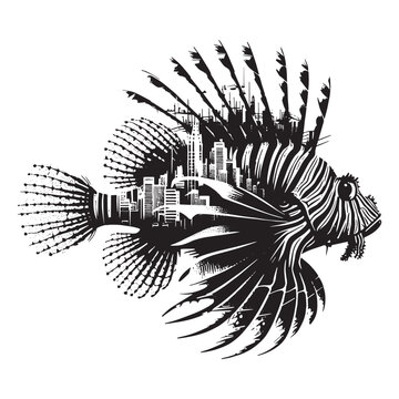 recommend clip art: silhouette of Lionfish filled with cityline in rough drawing