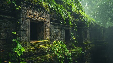 Serene Fusion of Nature and History: Ancient Monument Covered in Green Vines and Moss with Copy Space