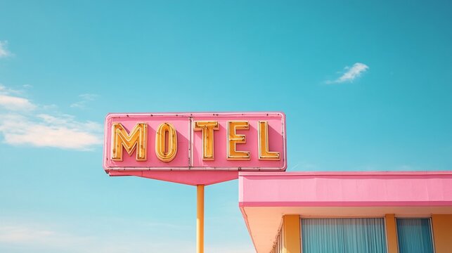 Retro Motel Aesthetic: Colorful Geometric Sign Against Clear Sky with Copy Space.