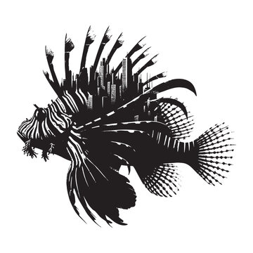 recommend clip art: silhouette of Lionfish filled with cityline in rough drawing