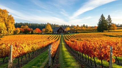 A picturesque vineyard in autumn with vibrant foliage and a charming house.