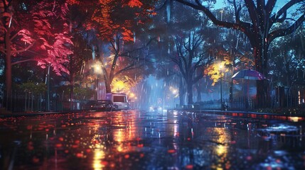 Obraz premium Lights and shadows of city. Soft focus image of city streets after rain with reflections on wet asphalt
