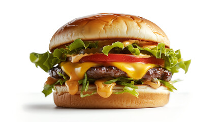 A delicious, juicy cheeseburger with melted cheese, fresh lettuce, and ripe tomatoes, perfect for satisfying any burger lover&rsquo;s cravings.

