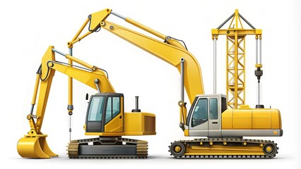 Yellow excavator and crane icons isolated on white background, symbolizing construction equipment and heavy machinery used in building and infrastructure development projects.