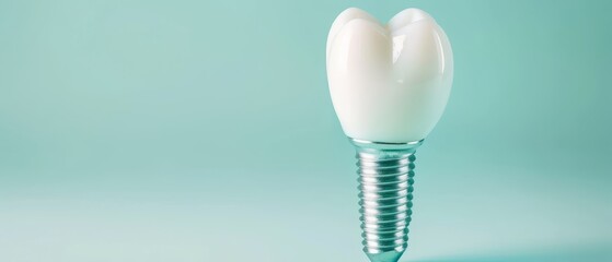  A dental implant, shaped like a tooth, against a blue backdrop Above it, a mirror-like reflection of the tooth implant