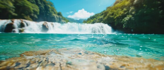 Fototapeta premium A waterfall painted in the center of a body of water, surrounded by rocks in the foreground and trees in the background