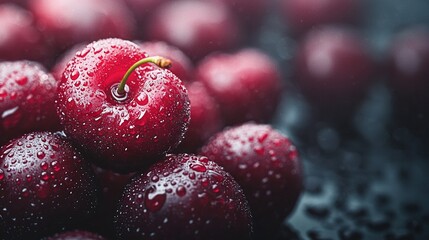   A cherry close-up with water droplets on top and bottom