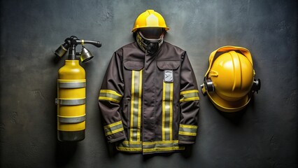 Yellow helmet, black coat, and pants with reflective stripes, gloves, and oxygen tank, laid out on a dark surface, ready for action.