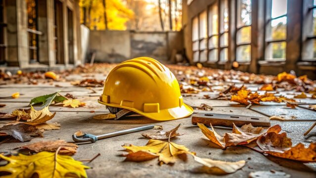 Yellow hard hat lies abandoned on scattered autumn leaves surrounded by fallen construction materials, abandoned tools, and broken dreams on a deserted building site floor.
