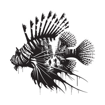lionfish street scene black and white clip art preview