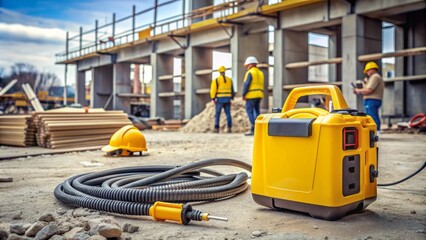 Yellow portable defibrillator device lies on a dusty construction site amidst scattered tools and building materials, emphasizing safety in high-risk work environments.