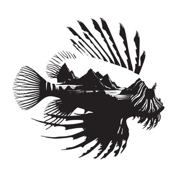 recommend clip art: silhouette of Lionfish filled with mountain and nature view in rough drawing