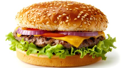 A savory cheeseburger with juicy beef, melted cheese, and crisp veggies, stacked high for a tasty, satisfying meal.

