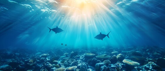 Fototapeta premium A large school of fish swim above a vibrant coral reef in an azure ocean, sunlight filtering through the water's surface